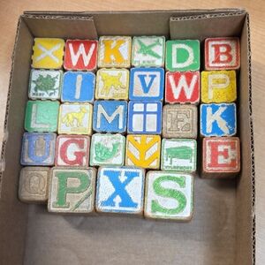 28 Vtg Wooden Alphabet Building Blocks